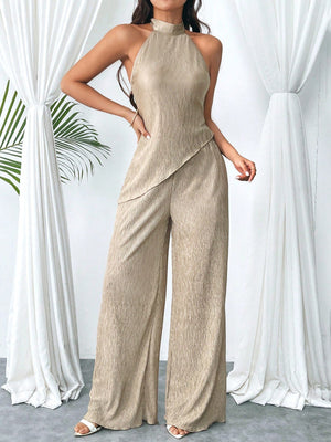 Women's Summer Halter Top With Asymmetrical Hem And High Waist Wide LegPants, Chic And Modern Daily Casual Beach Vacation Outfit, 2pcs/Set Back To School Clothes Y2k Cruise Women Outfits Vintage Clothes 90s Fashion - Negative Apparel