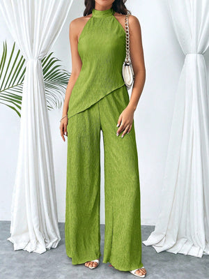Women's Summer Halter Top With Asymmetrical Hem And High Waist Wide LegPants, Chic And Modern Daily Casual Beach Vacation Outfit, 2pcs/Set Back To School Clothes Y2k Cruise Women Outfits Vintage Clothes 90s Fashion - Negative Apparel