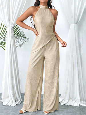 Women's Summer Halter Top With Asymmetrical Hem And High Waist Wide LegPants, Chic And Modern Daily Casual Beach Vacation Outfit, 2pcs/Set Back To School Clothes Y2k Cruise Women Outfits Vintage Clothes 90s Fashion - Negative Apparel