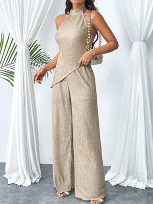 Women's Summer Halter Top With Asymmetrical Hem And High Waist Wide LegPants, Chic And Modern Daily Casual Beach Vacation Outfit, 2pcs/Set Back To School Clothes Y2k Cruise Women Outfits Vintage Clothes 90s Fashion - Negative Apparel