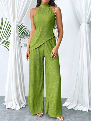 Women's Summer Halter Top With Asymmetrical Hem And High Waist Wide LegPants, Chic And Modern Daily Casual Beach Vacation Outfit, 2pcs/Set Back To School Clothes Y2k Cruise Women Outfits Vintage Clothes 90s Fashion - Negative Apparel