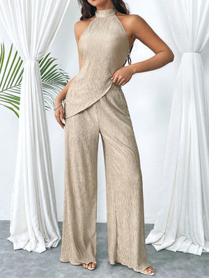 Women's Summer Halter Top With Asymmetrical Hem And High Waist Wide LegPants, Chic And Modern Daily Casual Beach Vacation Outfit, 2pcs/Set Back To School Clothes Y2k Cruise Women Outfits Vintage Clothes 90s Fashion - Negative Apparel