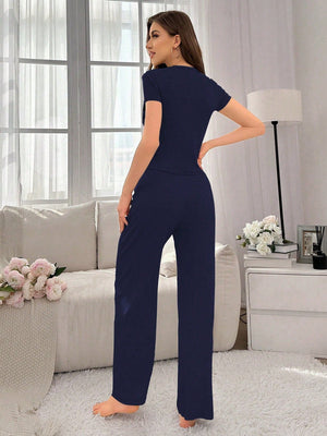 Women's Summer Heart Print Short Sleeve Long Pants Homewear Set - Negative Apparel