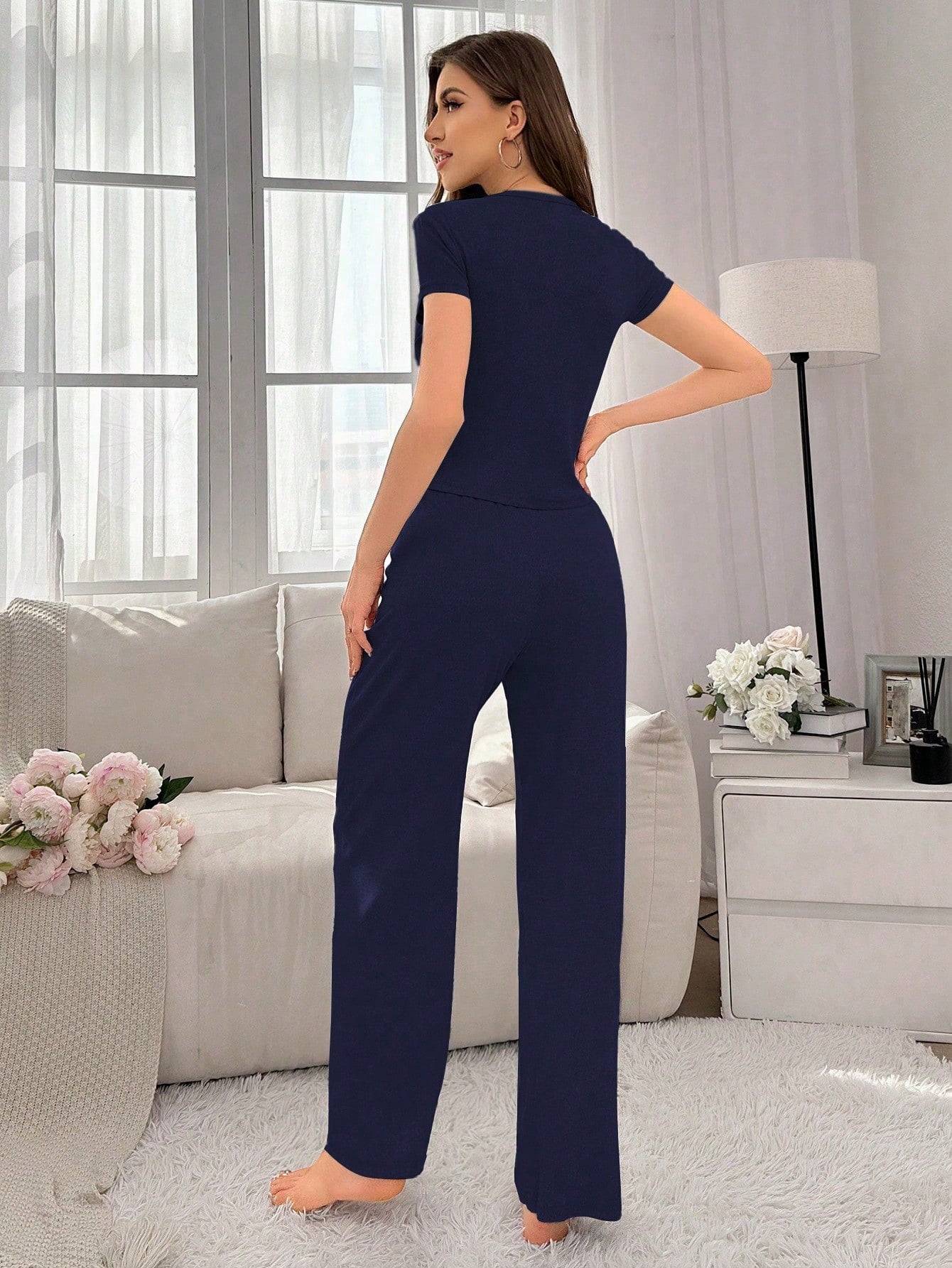 Women's Summer Heart Print Short Sleeve Long Pants Homewear Set - Negative Apparel