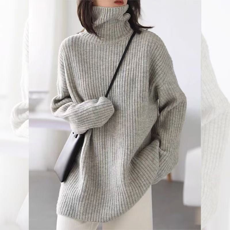 Women’s Thick Waffle Knit Pullover Sweater – Semi - Turtleneck Commuter Style | Solid Color Long Sleeve Knitwear - Negative Apparel