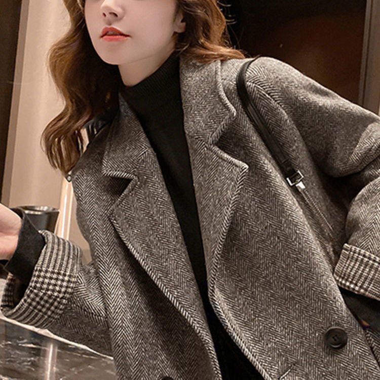 Women’s Thousand Birds Wool Jacket – Elegant Long Suit Collar Coat | Autumn 2025 Loose Fit Commuter Style - Negative Apparel