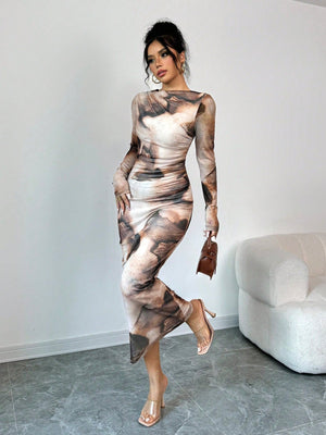 Women's Tie Dye Printed Long Sleeve Long Maxi Bodycon Elegant Dress - Negative Apparel