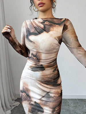 Women's Tie Dye Printed Long Sleeve Long Maxi Bodycon Elegant Dress - Negative Apparel
