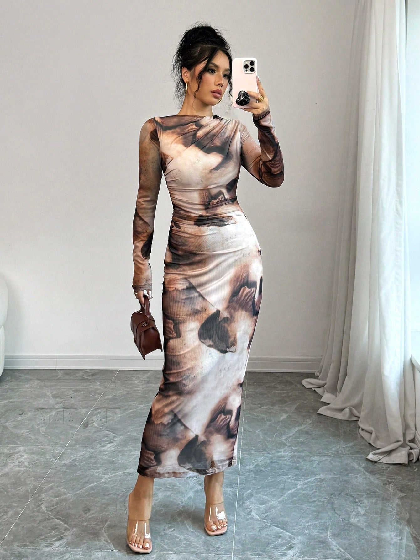 Women's Tie Dye Printed Long Sleeve Long Maxi Bodycon Elegant Dress - Negative Apparel