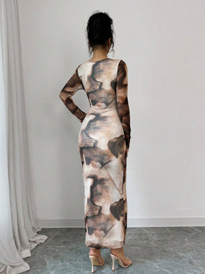 Women's Tie Dye Printed Long Sleeve Long Maxi Bodycon Elegant Dress - Negative Apparel