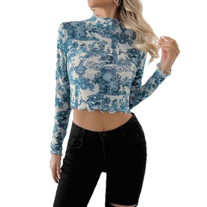 Women's transparent blue printed long - sleeved small stand - up collar mesh short T-shirt - Negative Apparel