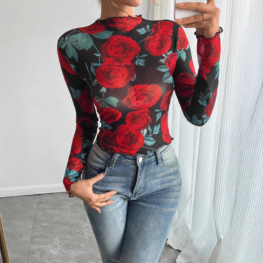 Women's transparent rose flower printing long - sleeved small stand - up collar mesh - Negative Apparel