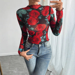 Women's transparent rose flower printing long - sleeved small stand - up collar mesh - Negative Apparel
