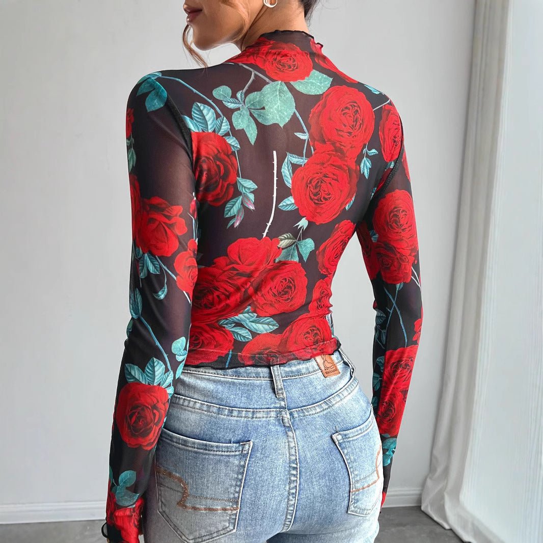 Women's transparent rose flower printing long - sleeved small stand - up collar mesh - Negative Apparel