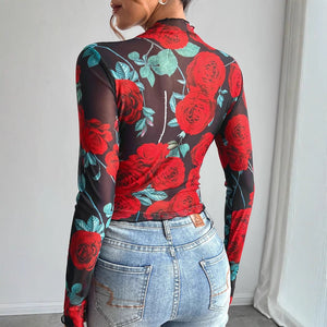 Women's transparent rose flower printing long - sleeved small stand - up collar mesh - Negative Apparel