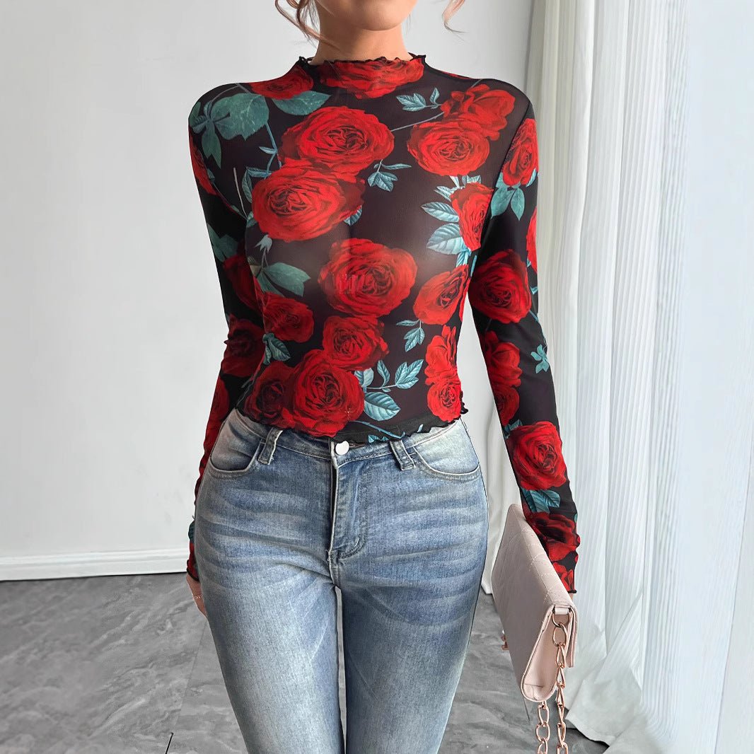 Women's transparent rose flower printing long - sleeved small stand - up collar mesh - Negative Apparel