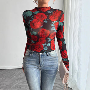 Women's transparent rose flower printing long - sleeved small stand - up collar mesh - Negative Apparel