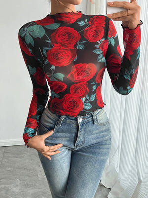 Women's transparent rose flower printing long - sleeved small stand - up collar mesh - Negative Apparel