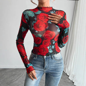 Women's transparent rose flower printing long - sleeved small stand - up collar mesh - Negative Apparel