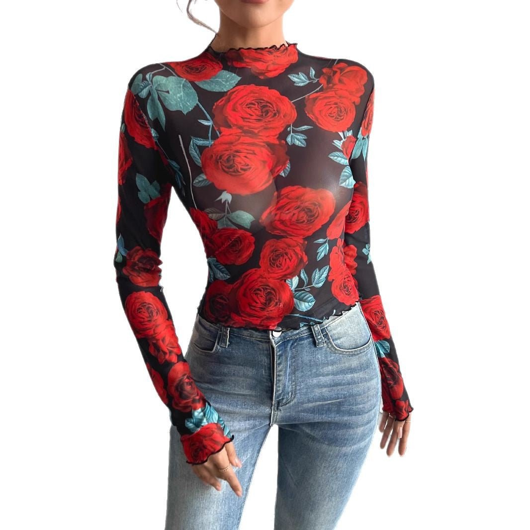 Women's transparent rose flower printing long - sleeved small stand - up collar mesh - Negative Apparel