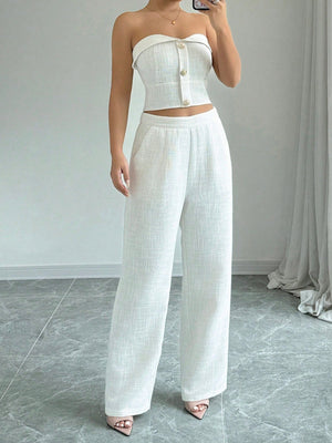 Women's Two - Piece Outfits, Clean And Simple Solid Color Top With Buttoned Back And High - Waist Pants - Negative Apparel