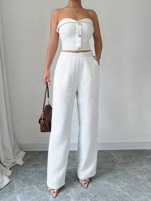 Women's Two - Piece Outfits, Clean And Simple Solid Color Top With Buttoned Back And High - Waist Pants - Negative Apparel