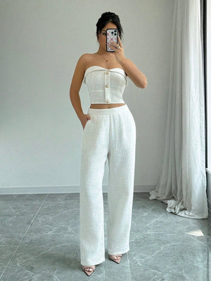 Women's Two - Piece Outfits, Clean And Simple Solid Color Top With Buttoned Back And High - Waist Pants - Negative Apparel