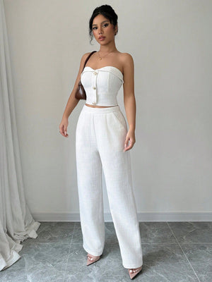 Women's Two - Piece Outfits, Clean And Simple Solid Color Top With Buttoned Back And High - Waist Pants - Negative Apparel