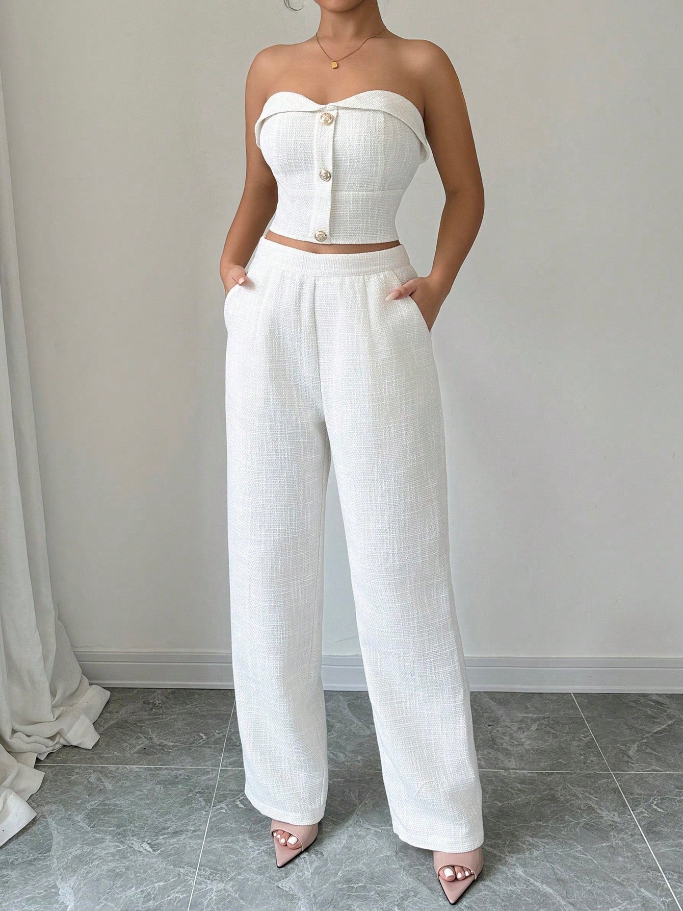 Women's Two - Piece Outfits, Clean And Simple Solid Color Top With Buttoned Back And High - Waist Pants - Negative Apparel