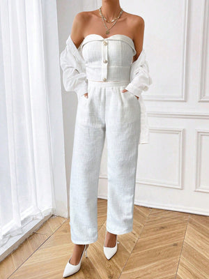 Women's Two - Piece Outfits, Clean And Simple Solid Color Top With Buttoned Back And High - Waist Pants - Negative Apparel