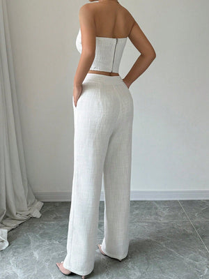 Women's Two - Piece Outfits, Clean And Simple Solid Color Top With Buttoned Back And High - Waist Pants - Negative Apparel