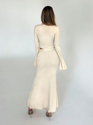 Women's Two - Piece Set With Gathered Metal Buckle Embellished V - Neck Cutout Skintight Fared Long - Sleeved T-Shirt And Cross - Wrap Butt - Hugging Fishtail Long - Sleeved Skirt 2pcs/Set - Negative Apparel