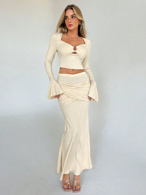 Women's Two - Piece Set With Gathered Metal Buckle Embellished V - Neck Cutout Skintight Fared Long - Sleeved T-Shirt And Cross - Wrap Butt - Hugging Fishtail Long - Sleeved Skirt 2pcs/Set - Negative Apparel