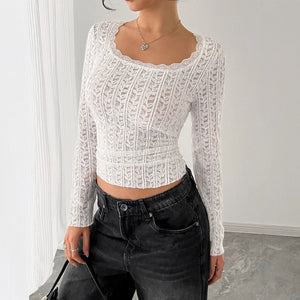 Women's U - neck long - sleeved lace trim T-shirt top women - Negative Apparel