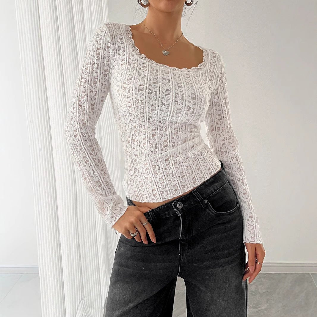 Women's U - neck long - sleeved lace trim T-shirt top women - Negative Apparel