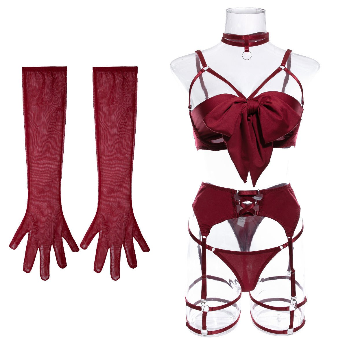 Women's underwear bow tie can reveal chest steel ring gather with gloves four - piece set - Negative Apparel