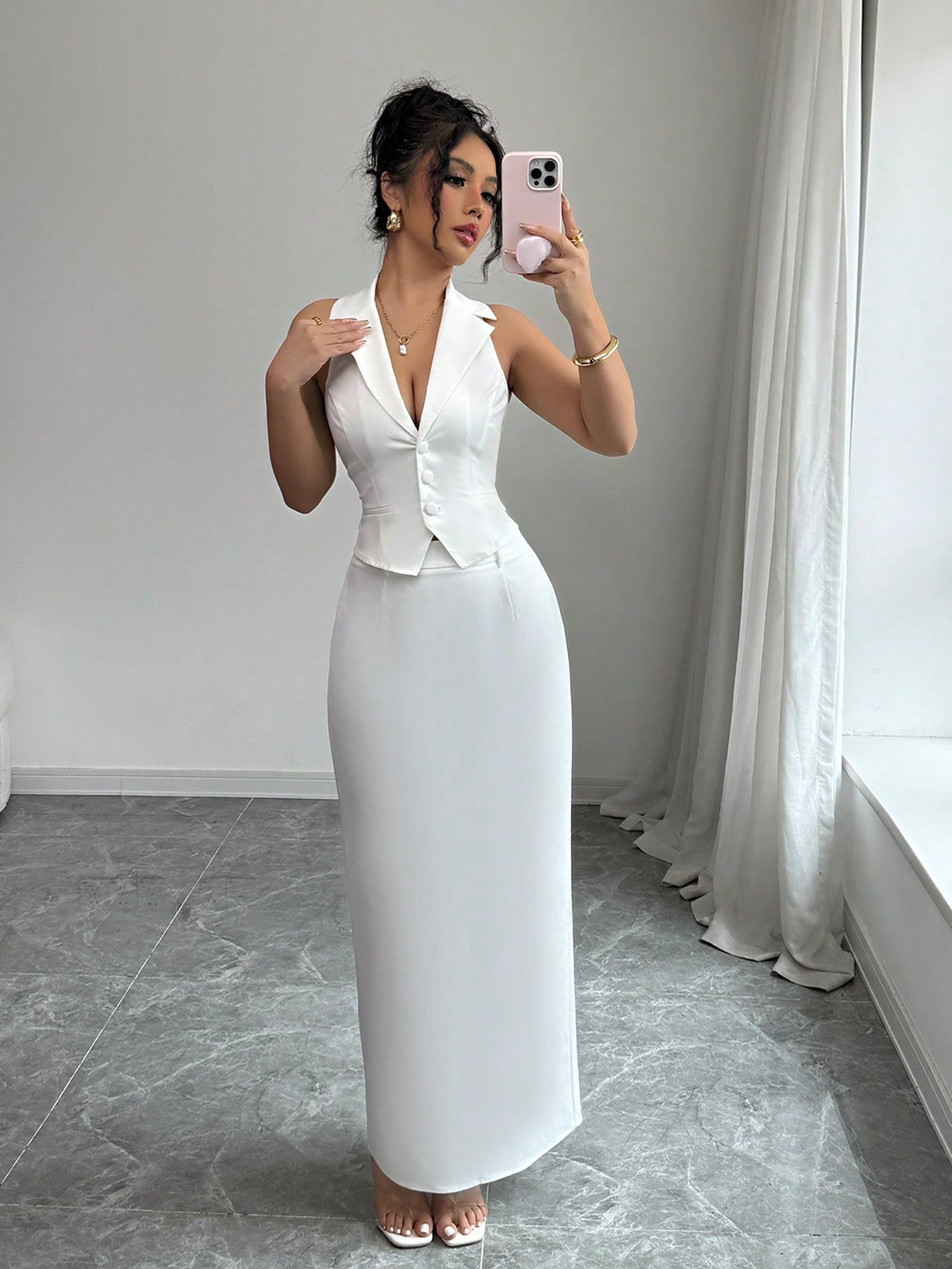 Women's V - Neck Blazer Collar Faux Pocket Elegant Slim - Fit Sheath Dress 2 Pieces Set, Office Wear, Spring/Summer - Negative Apparel