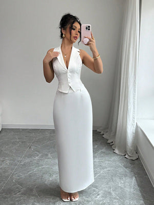 Women's V - Neck Blazer Collar Faux Pocket Elegant Slim - Fit Sheath Dress 2 Pieces Set, Office Wear, Spring/Summer - Negative Apparel