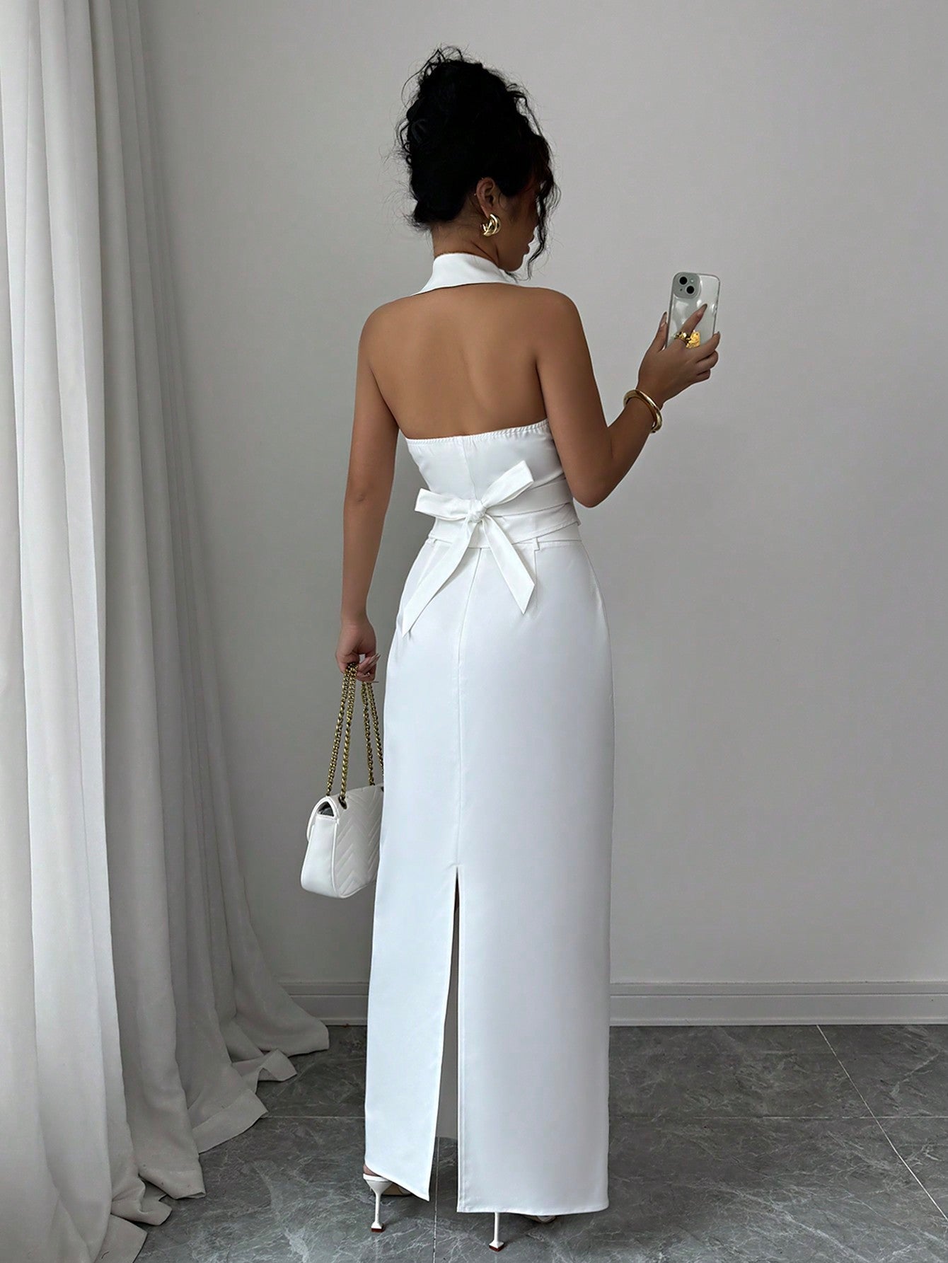 Women's V - Neck Blazer Collar Faux Pocket Elegant Slim - Fit Sheath Dress 2 Pieces Set, Office Wear, Spring/Summer - Negative Apparel