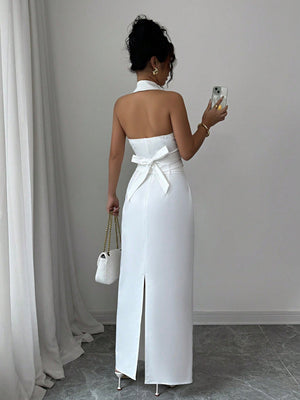 Women's V - Neck Blazer Collar Faux Pocket Elegant Slim - Fit Sheath Dress 2 Pieces Set, Office Wear, Spring/Summer - Negative Apparel