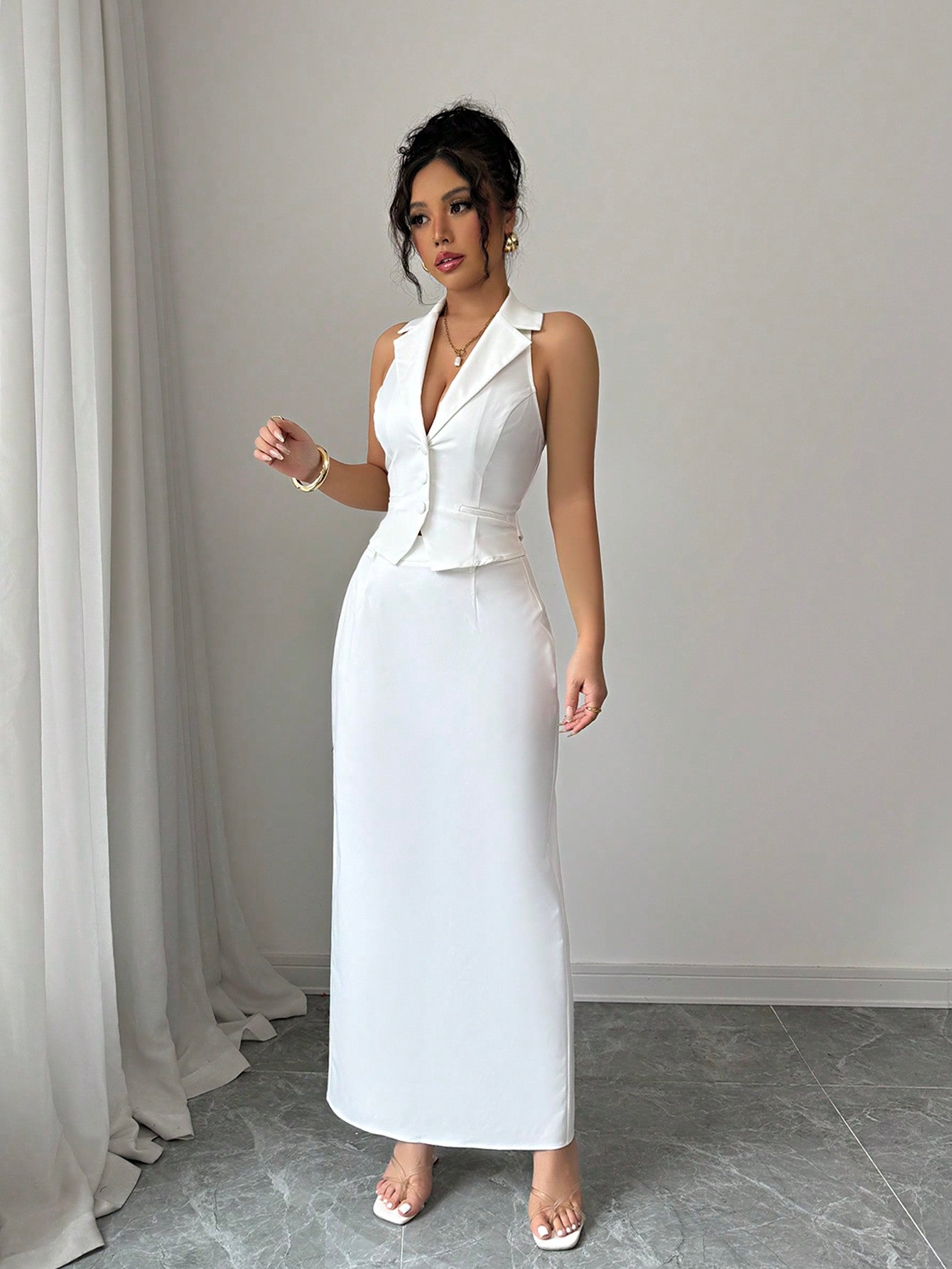 Women's V - Neck Blazer Collar Faux Pocket Elegant Slim - Fit Sheath Dress 2 Pieces Set, Office Wear, Spring/Summer - Negative Apparel