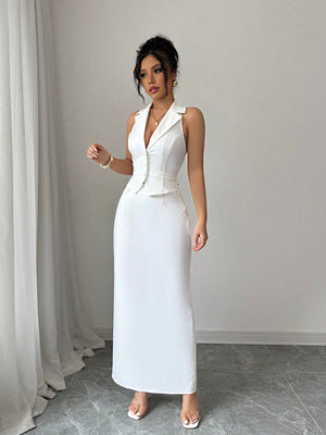 Women's V - Neck Blazer Collar Faux Pocket Elegant Slim - Fit Sheath Dress 2 Pieces Set, Office Wear, Spring/Summer - Negative Apparel