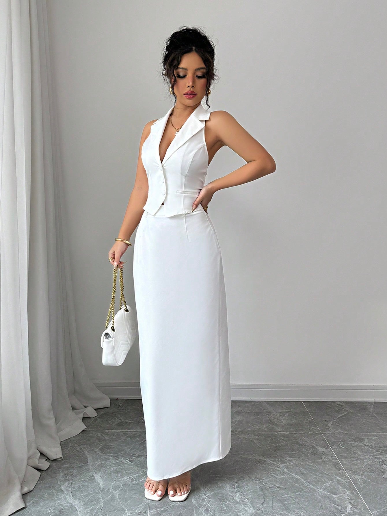 Women's V - Neck Blazer Collar Faux Pocket Elegant Slim - Fit Sheath Dress 2 Pieces Set, Office Wear, Spring/Summer - Negative Apparel