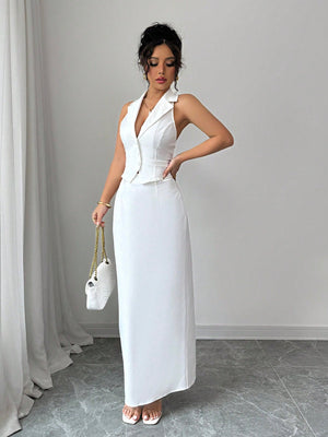 Women's V - Neck Blazer Collar Faux Pocket Elegant Slim - Fit Sheath Dress 2 Pieces Set, Office Wear, Spring/Summer - Negative Apparel