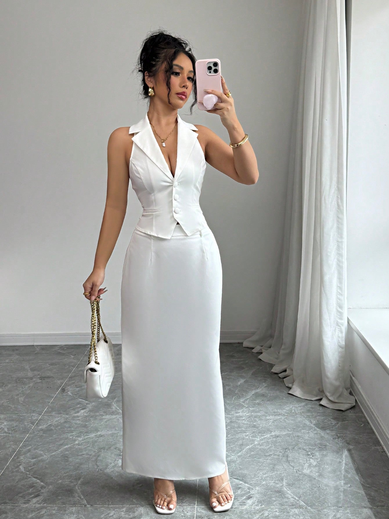 Women's V - Neck Blazer Collar Faux Pocket Elegant Slim - Fit Sheath Dress 2 Pieces Set, Office Wear, Spring/Summer - Negative Apparel