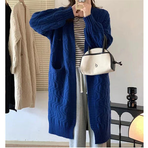 Women’s V - Neck Cable Knit Cardigan Sweater with Pockets - Negative Apparel