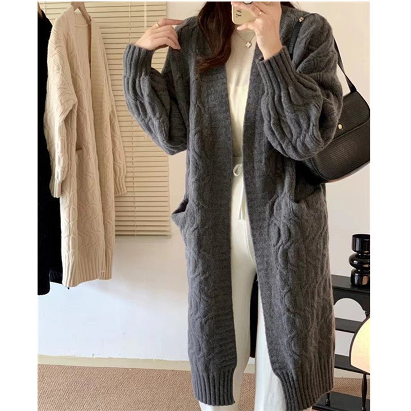 Women’s V - Neck Cable Knit Cardigan Sweater with Pockets - Negative Apparel