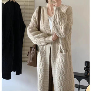 Women’s V - Neck Cable Knit Cardigan Sweater with Pockets - Negative Apparel