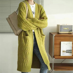 Women’s V - Neck Cable Knit Cardigan Sweater with Pockets - Negative Apparel