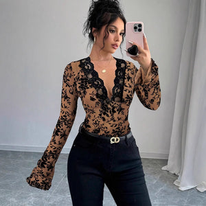 Women's V - neck lace mesh horn sleeve T-shirt top women - Negative Apparel